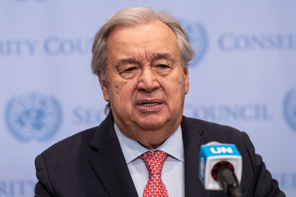 NEW YORK, UNITED STATES - 2025/06/27: UN Secretary-General Antonio Guterres speaks to the press on the situation in the Middle East and Gaza at UN Headquarters. (Photo by Lev Radin/Pacific Press/LightRocket via Getty Images)